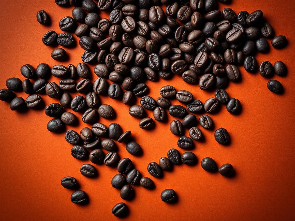 Dark roasted coffee beans scattered across a terracotta surface