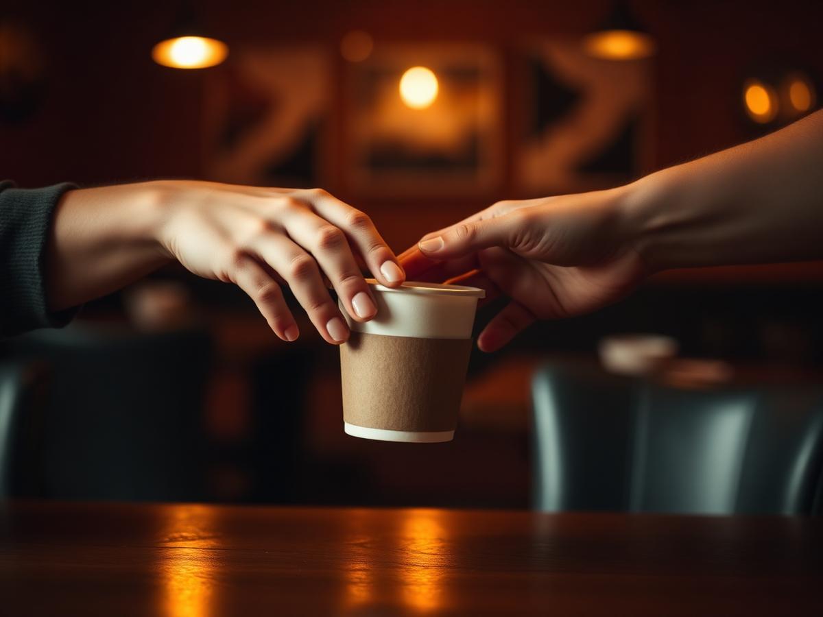 One person handing a paper coffee cup to another across a table