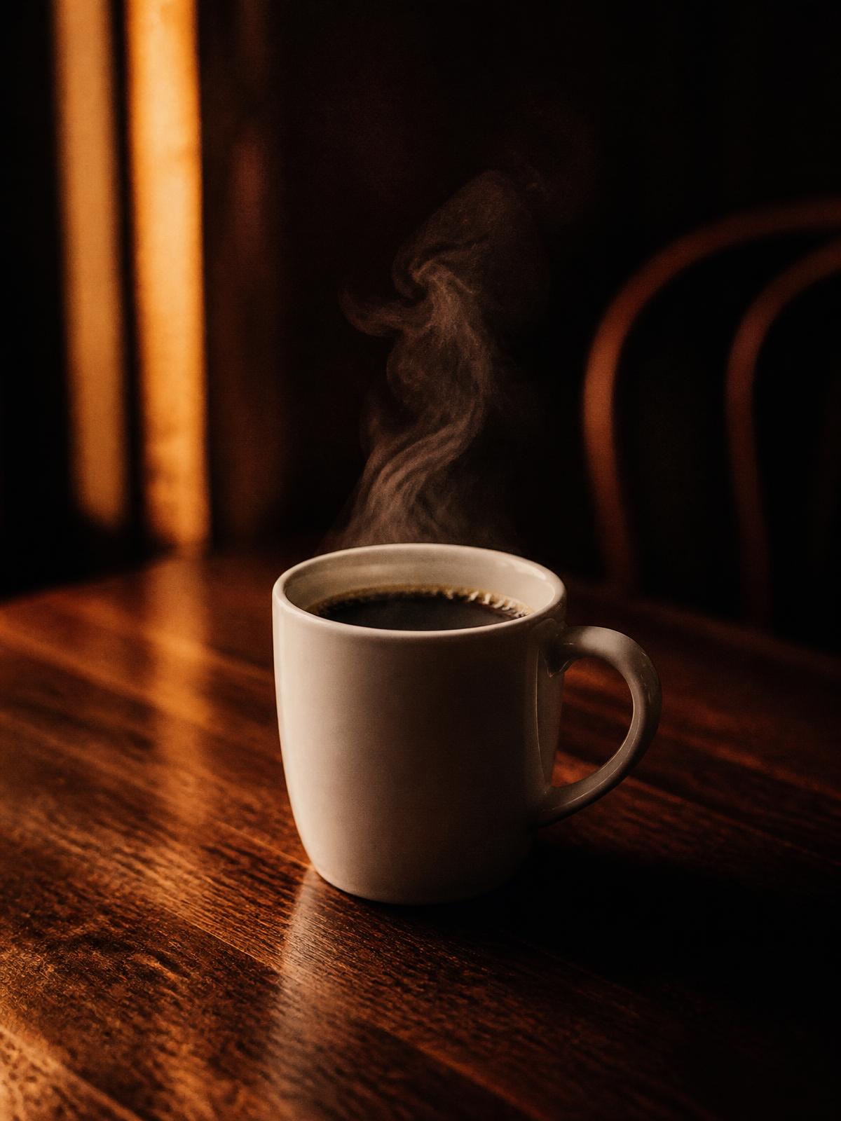 A steaming mug of black coffee on a dark wooden table